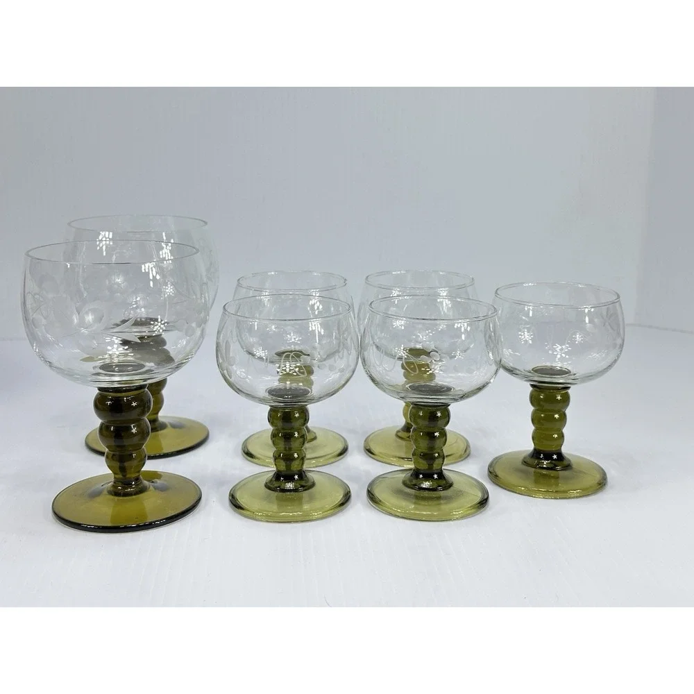 7 VTG Roemer Goblet Glasses Avocado Green Stem Etched Grapevine 2 Big 5 Smaller‎